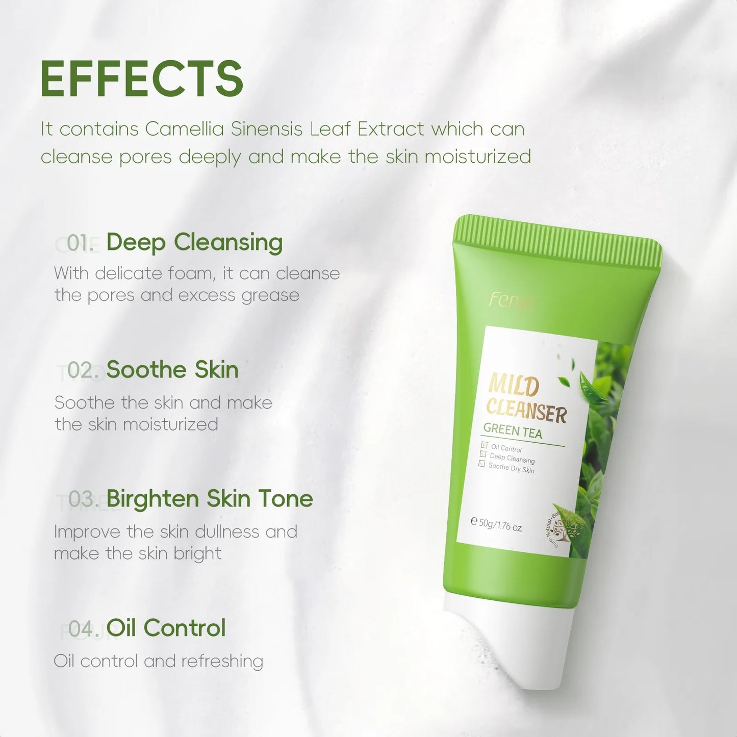 Green Tea Facial Cleanser Skin Deep Cleansing Moisturizing Blackhead Removal Skincare Face Wash Foam Face Cleanser Skin Care
