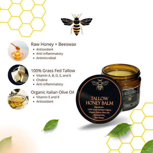 Organic Grass-Fed Beef Tallow Balm with Raw Honey - Moisturizing Cream for Soft, Smooth Skin - Handmade All-Natural Moisturizer